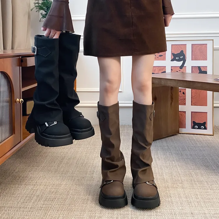 贾不假长筒靴女2025秋季美拉德厚底时尚百搭小个子舒适休闲堆堆靴