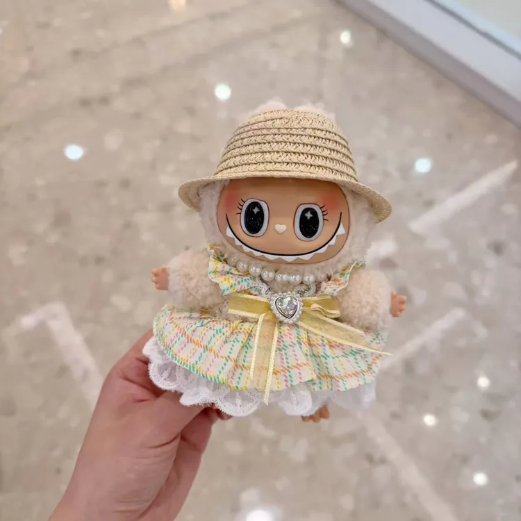 彩色格子蝴蝶结蛋糕裙拉布布娃衣labubu衣服➕项链➕帽子