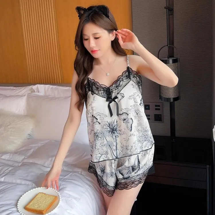 冰丝睡衣女夏季甜美蕾丝性感吊带带胸垫短裤套装夏款家居服睡衣女