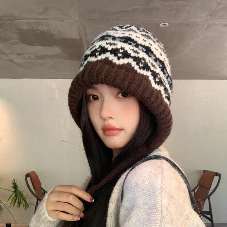 费尔岛风针织帽女冬季巴拉克拉法帽子包包两用保暖毛绒堆堆毛线帽