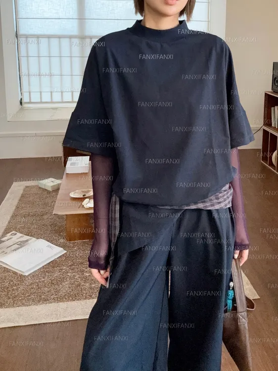 2025极简风定制棉洗水廓形拼接立领短袖百搭宽松休闲T恤上衣S183