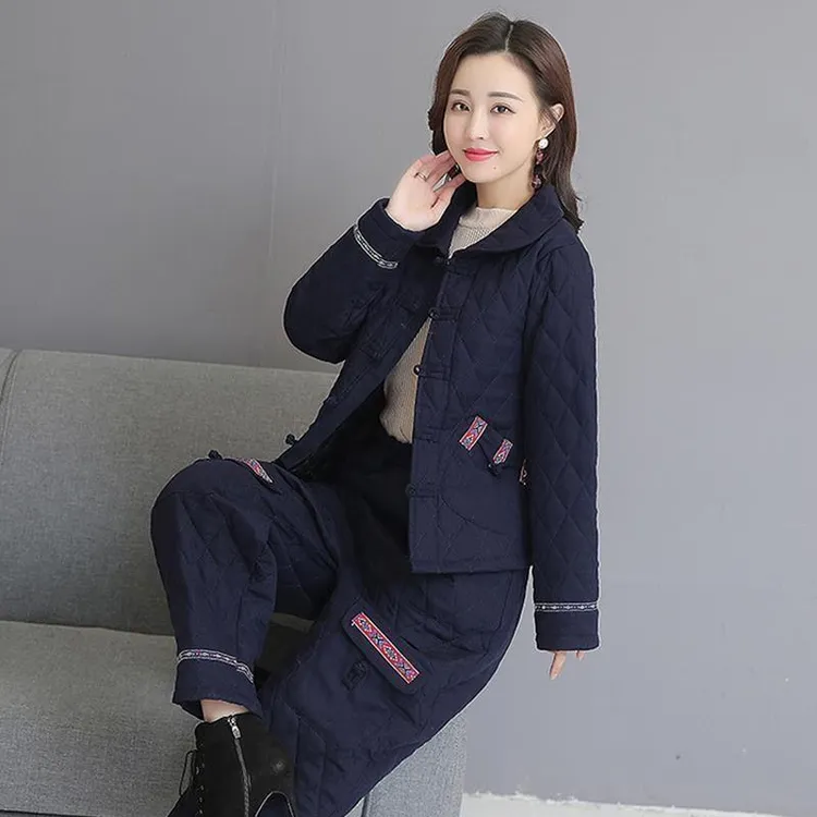 民族风秋冬加棉加厚套装女中老年唐装棉麻大码复古棉衣棉裤两件套