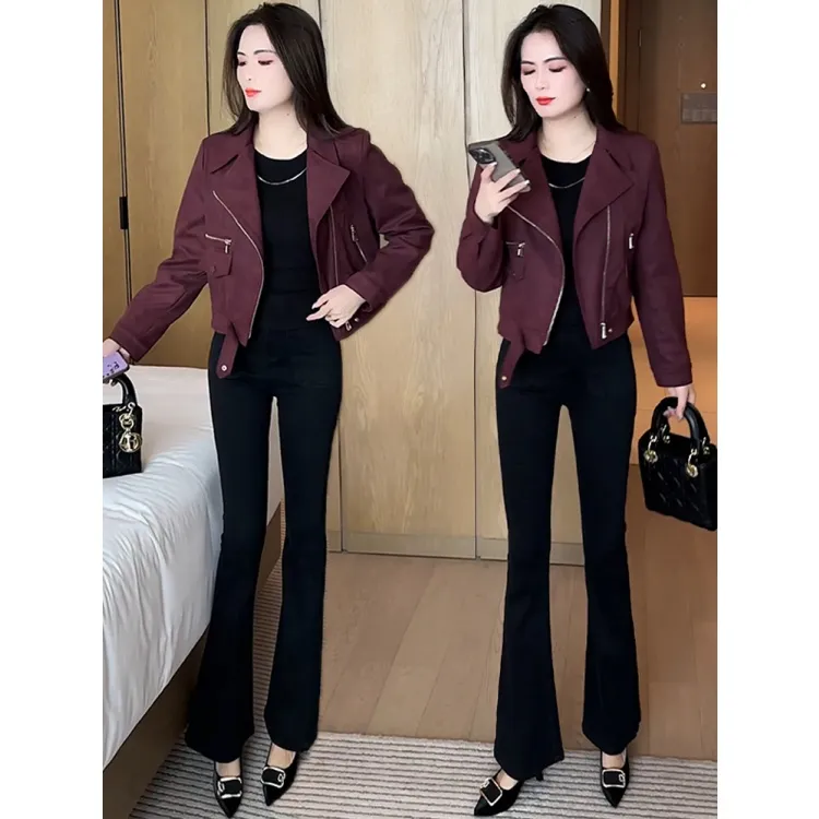 雅鹿外套女2025春秋新款潮流洋气显瘦小个子西服领机车风夹克上衣