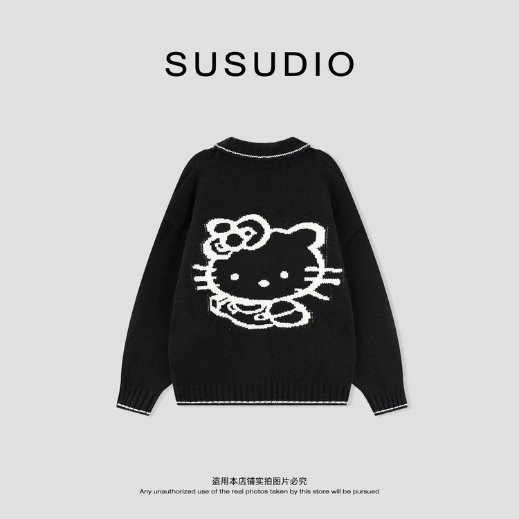  SUSUDIO 羊毛 慵懒气质翻领单排扣卡通kitty猫开衫毛衣 50196