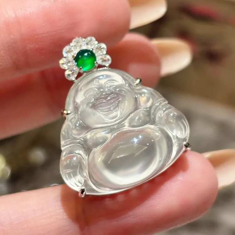 VISING珠宝天然白冰玉髓玛瑙小佛公吊坠项链锁骨链