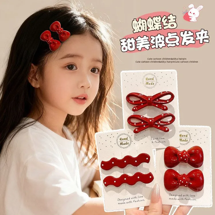 儿童安可拉红蝴蝶结发夹女童波点碎发bb夹宝宝侧边碎发夹发卡发饰