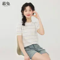 慕兔粉色圆领条纹短袖针织衫t恤女2025夏季新款小个子正肩短上衣