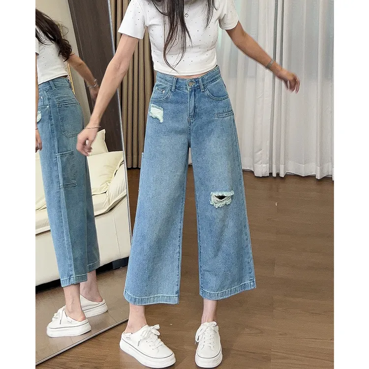 165复古水洗破洞八分牛仔裤女2025夏季小众设计感宽松直筒阔腿裤