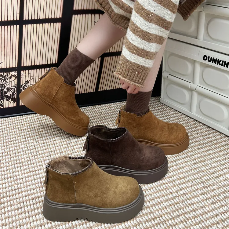 厚绒勃肯高帮圆头2025秋冬百搭休闲时尚英伦风鞋复古厚底雪地鞋女