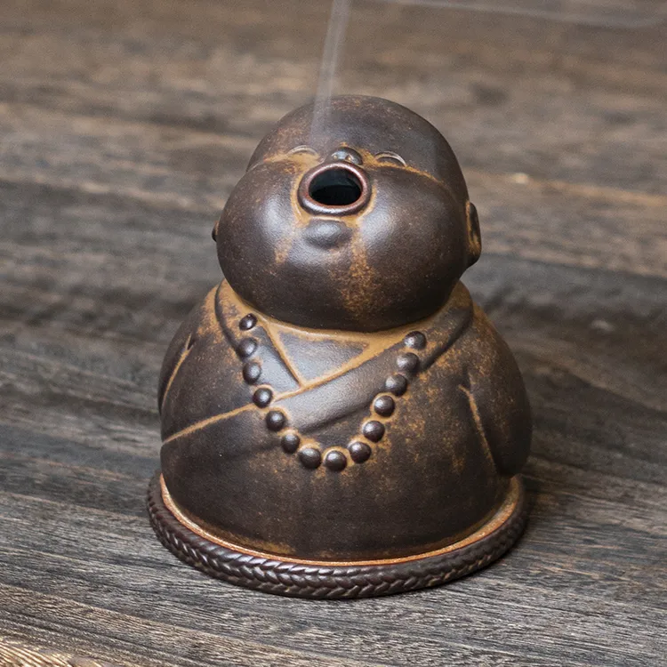 创意粗陶香炉弥勒小和尚盘香炉摆件家居客厅茶室酒柜博古架装饰品