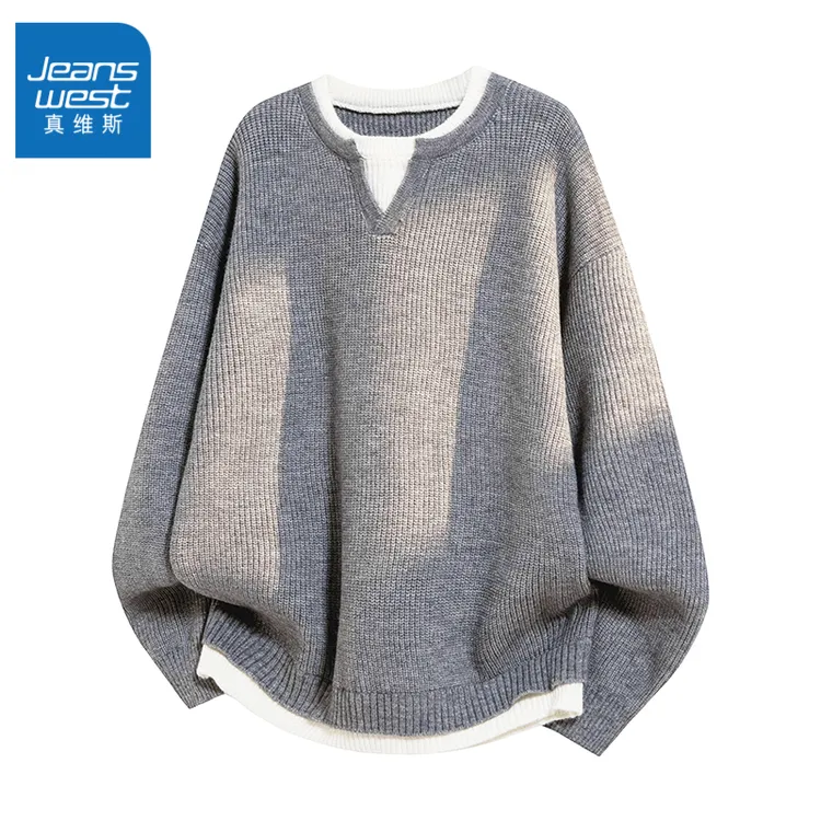 Jeanswest/真维斯美式休闲毛衣男士百搭假两件针织衫春秋冬季上衣