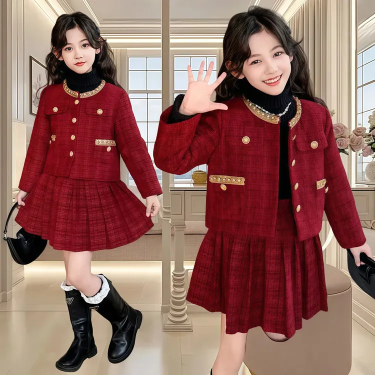 新年衣服女童小香风套装秋冬款大童红色连衣裙女孩冬装加厚过年服