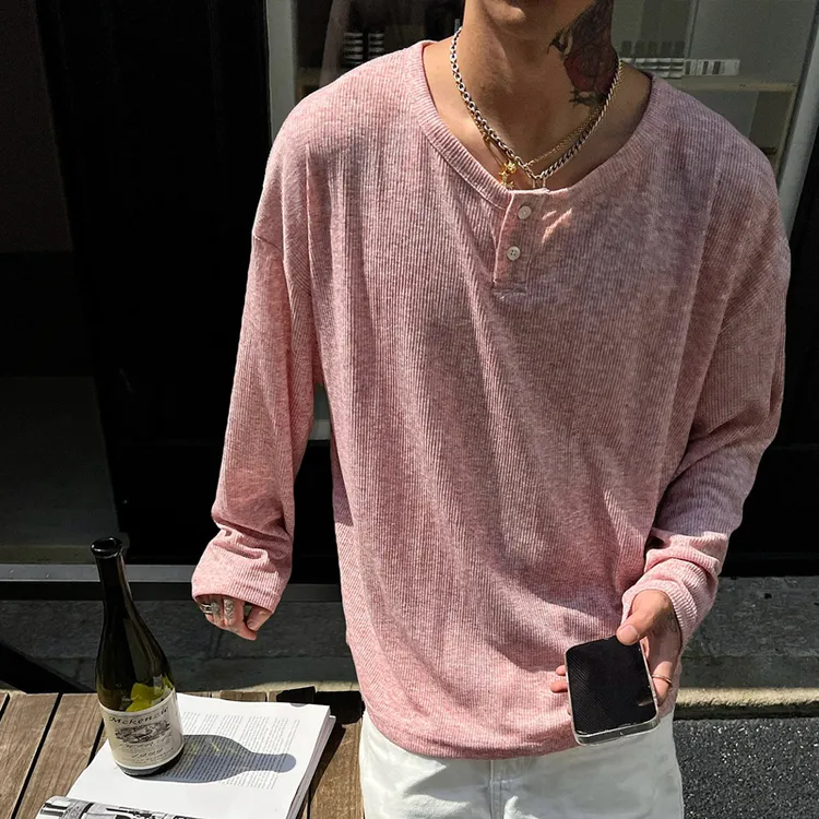 OXFREAK「人夫感 老钱风」粉色亨利领长袖t恤男夏季薄款防晒上衣