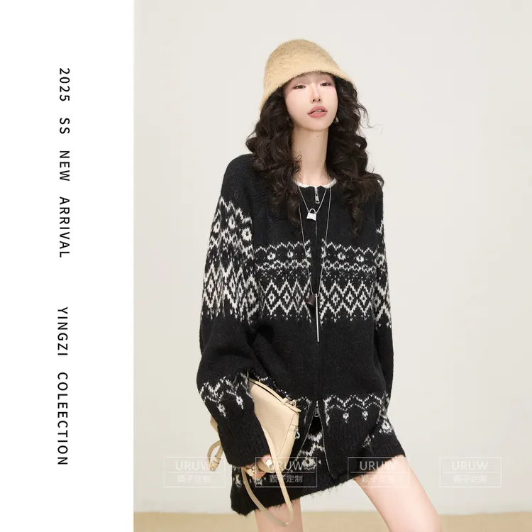 颖子定制【复古宣言】慵懒风费尔岛毛衣开衫百搭高腰半身短裙9932