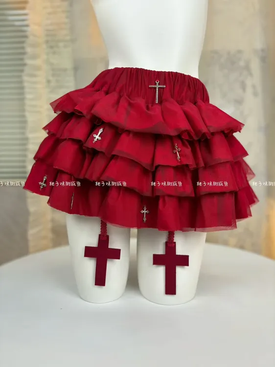 春季新款红色哥特风木耳边百搭十字架半身裙lolita