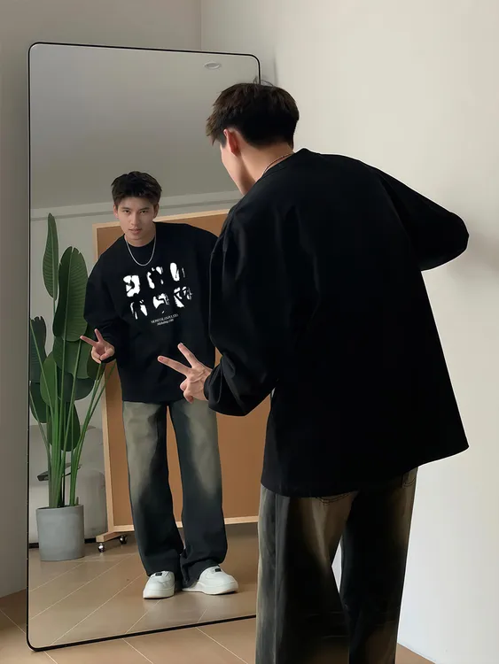 【重磅纯棉】国潮牌暗黑风美式圆领长袖男秋冬痞帅内搭打底衫上衣