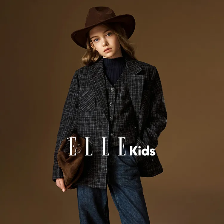 ELLE KIDS童装 老钱复古藏青格西装外套D3