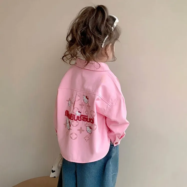 女童衬衫春秋新款洋气宝宝kt猫薄款外套时髦网红儿童韩版长袖衬衣