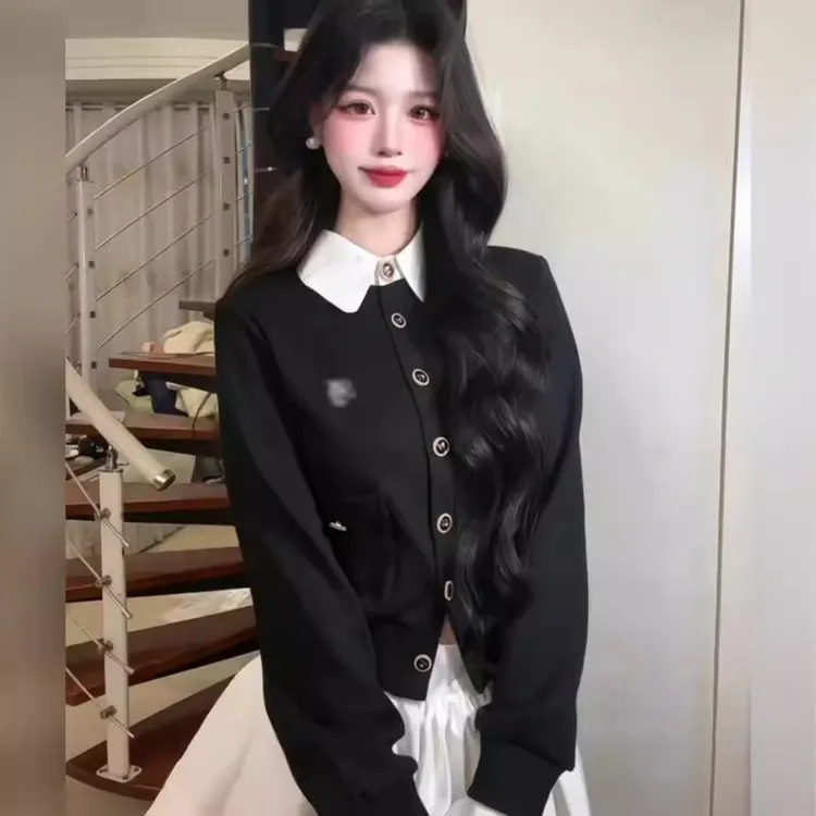 Umi/法式学院风套装女秋季黑色假两件针织毛衣收腰百褶短裙两件套