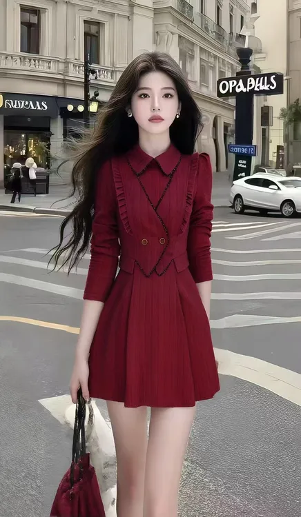 秋季新款长袖衬衫领复古酒红色显瘦连衣裙套头修身小众设计感女装