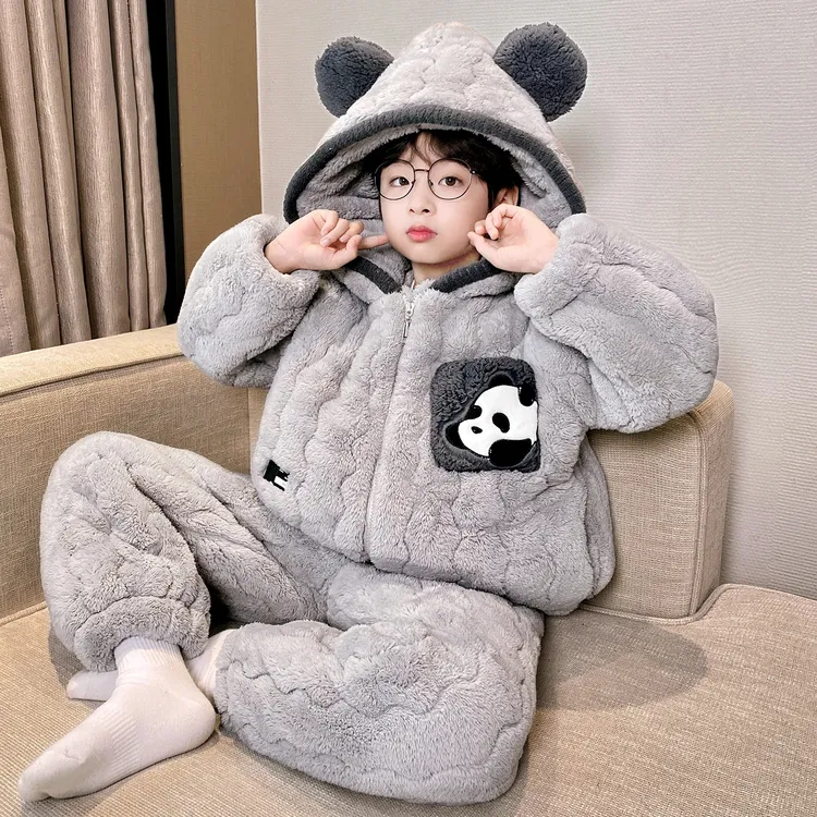 儿童睡衣男童法兰绒长袖中大童三层夹棉珊瑚绒加厚加绒家居服套装