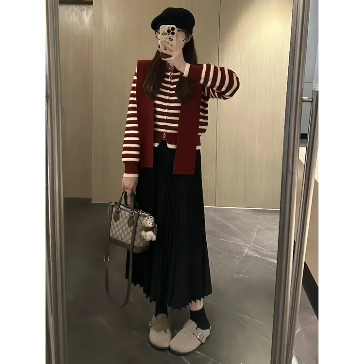 韩系氛围感穿搭条纹毛衣半身裙女秋冬慵懒风显瘦洋气时尚两件套装