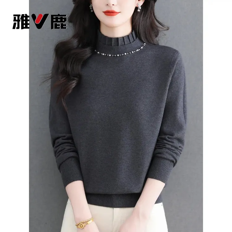 雅鹿【宋轶品牌代言】胖mm秋冬大码半高领女士毛衣遮肚子蕾丝上衣内
