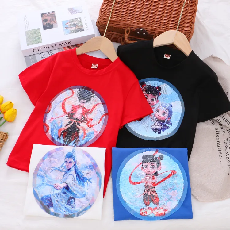 男童哪吒闹海亮片短袖儿童夏季新款棉质哪吒敖丙变色亮片短袖T恤