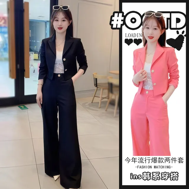 御姐轻熟风穿搭套装女高级感长袖短款小西装领外套搭配直筒阔腿裤