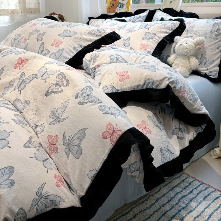 赫本风床上四件套亲肤床单花边床裙被套学生宿舍三件套床笠款家用