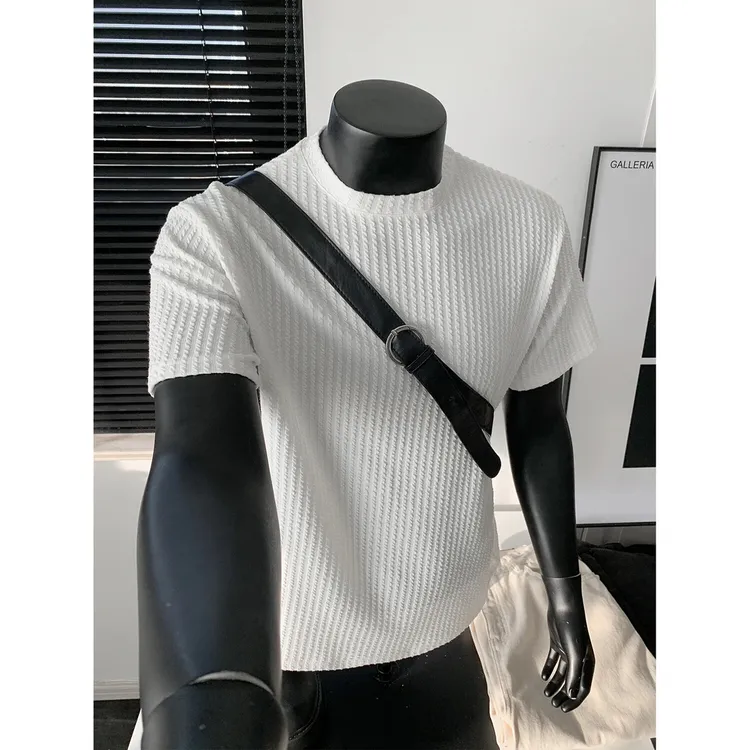 麦穗纹提花短袖t恤男夏季美式复古潮牌重磅半袖纯色宽松五分中袖