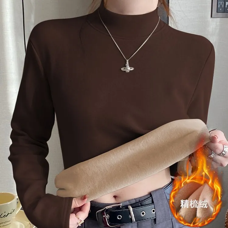 德绒复合银狐绒打底衫加绒内搭女半高领加厚秋冬季保暖上衣中高领