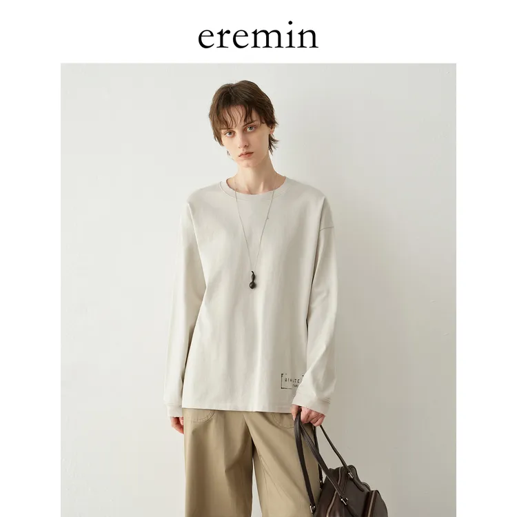 DE Mincollection米灰T/高克棉磨破水洗徽标印花圆领长袖T恤55784