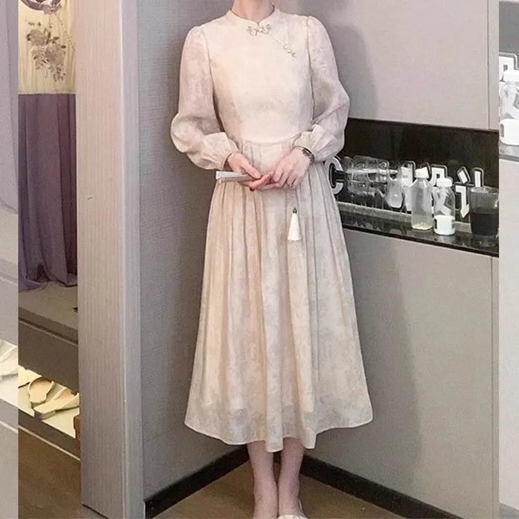 新中式轻国风裙子质感高级感改良旗袍年轻款长袖连衣裙女春季新款