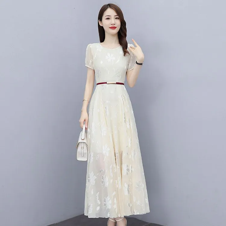 高端提花连衣裙女2024新款夏装气质贵夫人遮肚子显瘦大摆长裙