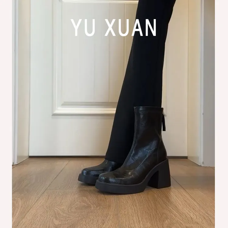 羊皮版~增高厚底短靴女小个子高跟鞋粗跟马丁靴女法式方头瘦瘦靴