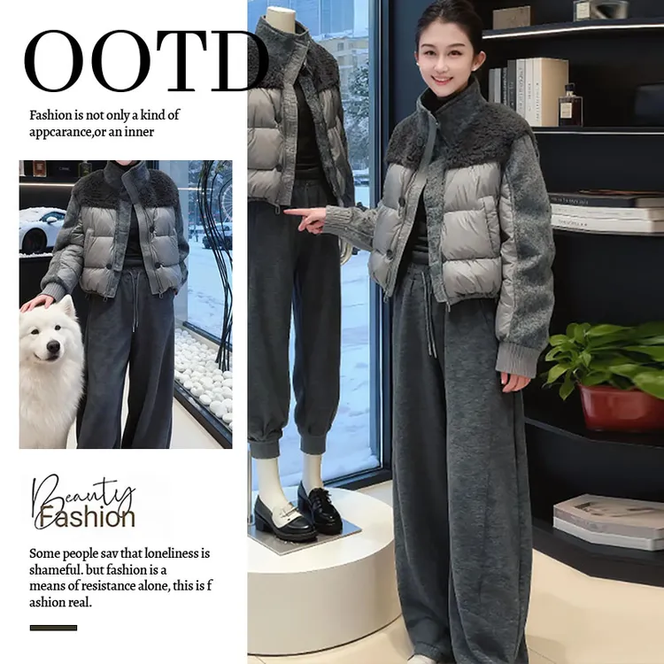 韩系高级感超好看棉服阔腿裤两件套装气质一整套ootd穿搭2025冬季