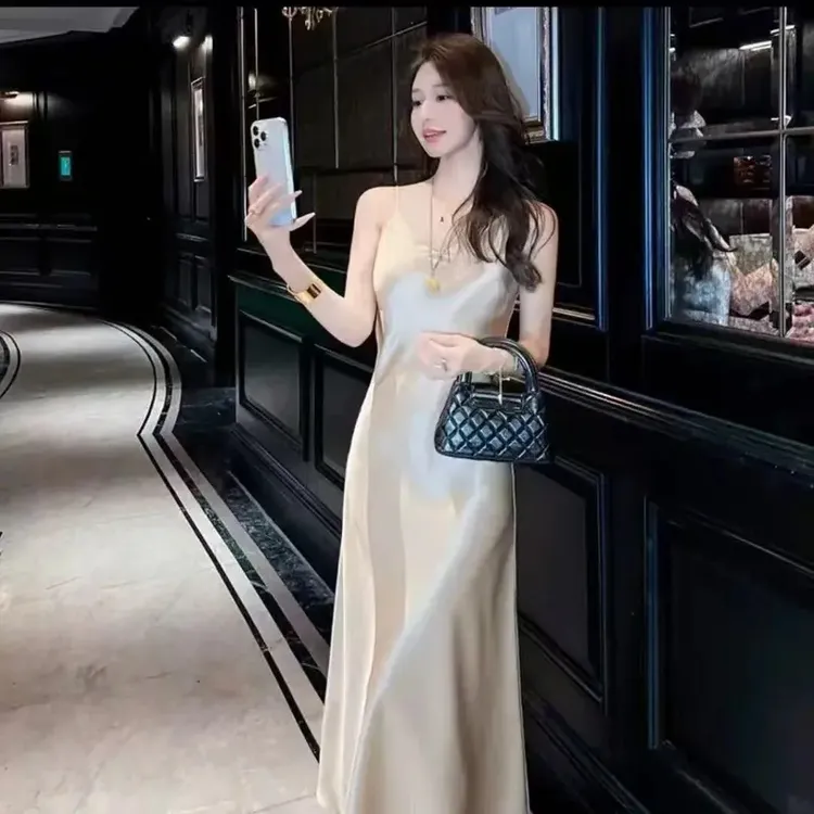 【送飘带】夏季新款缎面鱼尾裙连衣裙女士高级收腰显瘦吊带长裙子