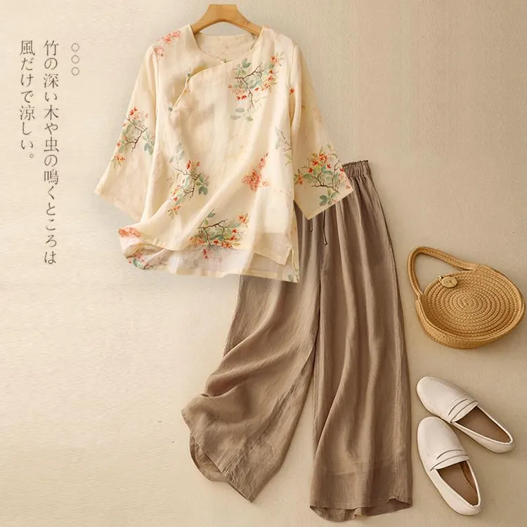 范哲萨套装女士高端妈妈套装 2025夏季新款苎麻上衣民