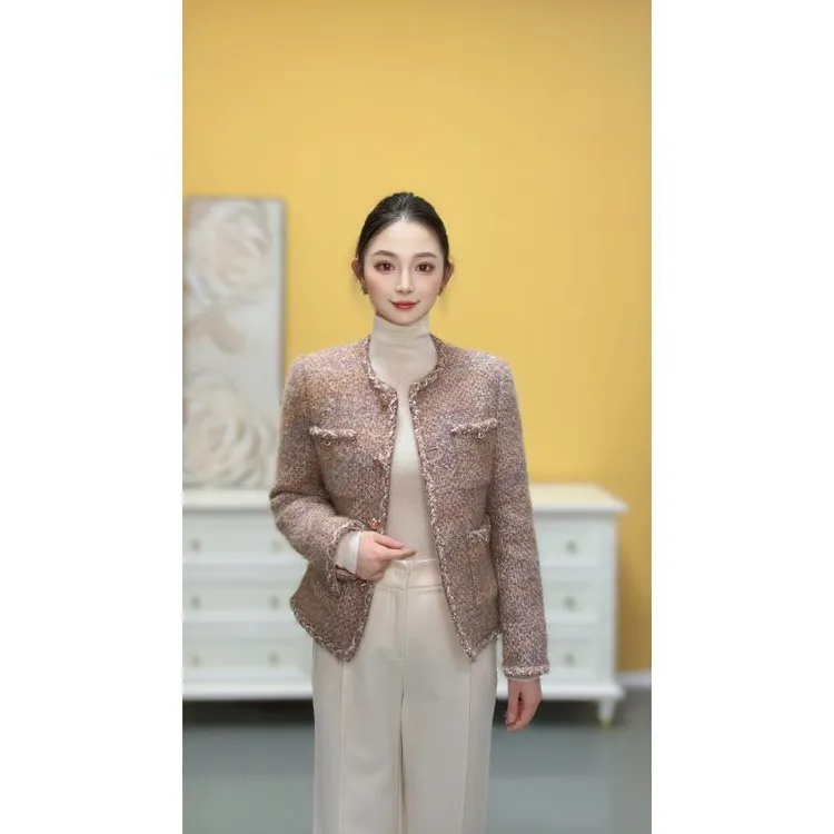 剀剀莉 初冬新款羽绒白鹅绒（幽梦）粉紫色绵羊毛长款圆领保暖外套