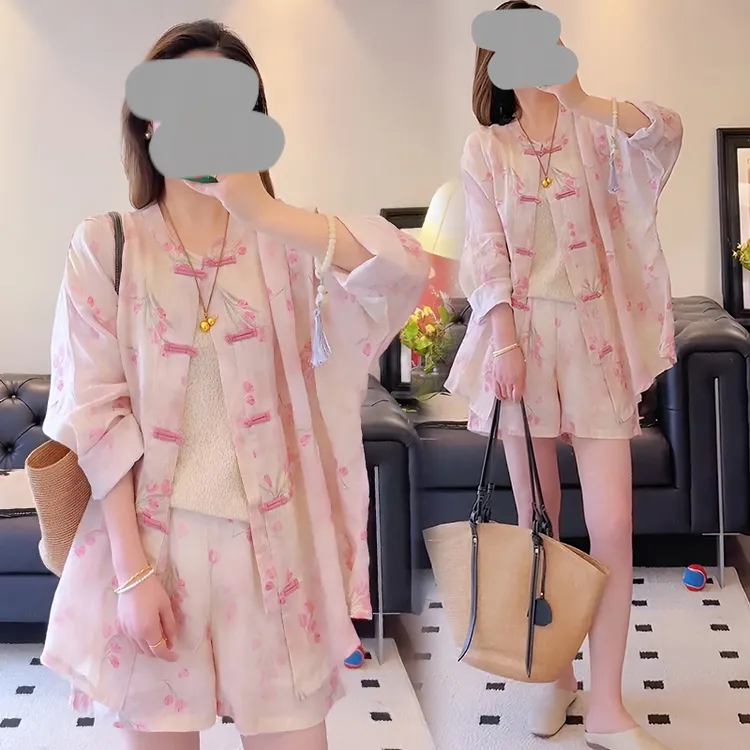 2025夏季新款时尚百搭显瘦宽松盘扣复古中式减龄防晒衬衫短裤套装