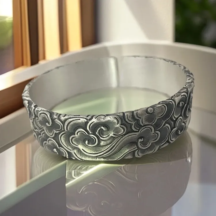 足银手镯 重工祥云纹足银手镯镯子复古古风纯手工实心国风錾刻