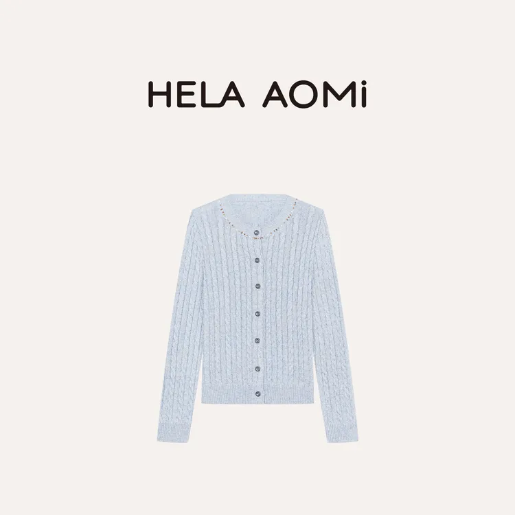 HELA AOMI “花纱麻花”绵羊毛钉珠复古宽松针织显瘦开衫CY5CC33417