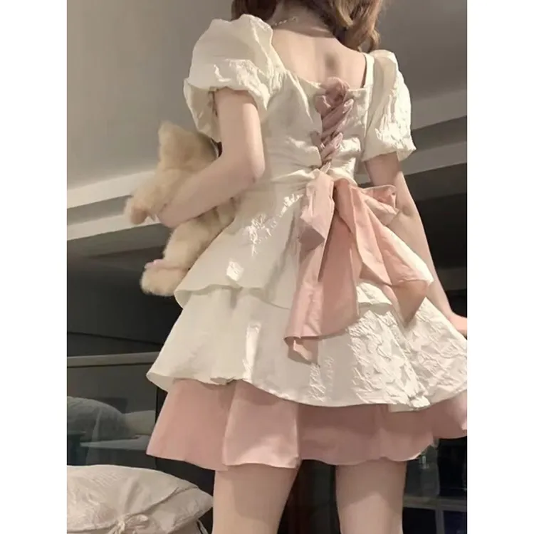 在逃法式蝴蝶结连衣裙女夏季高级感小个子蓬蓬纯欲慵懒风小众女装