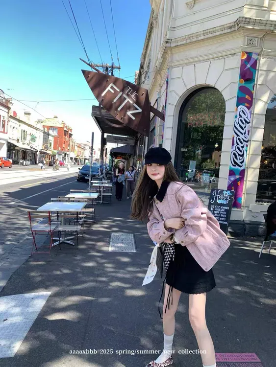玫瑰茶渍  巴恩风两色拼接领外套女宽松廓形口袋显瘦上衣