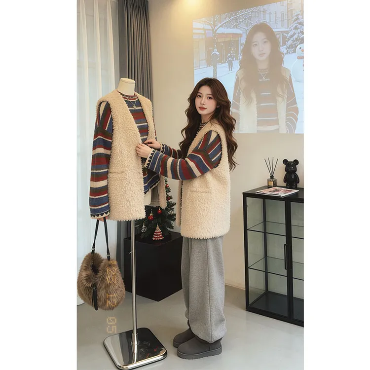 秋冬流行穿搭一整套女2025新款毛绒外套条纹针织衫休闲裤三件套