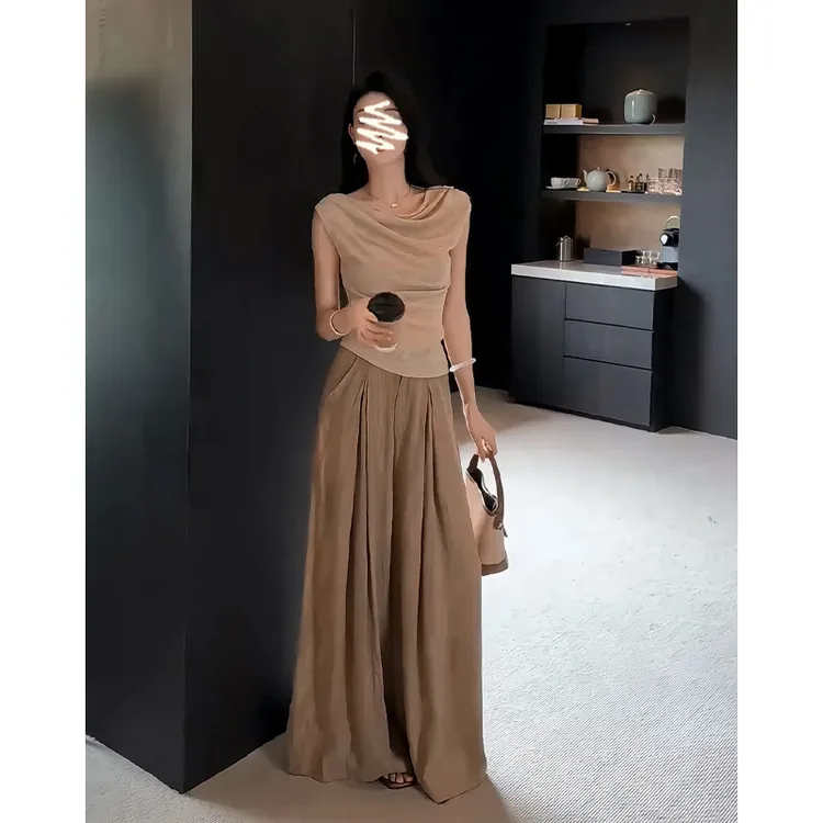 2025夏季新款女法式高级感修身荡领无袖上衣气质高腰显瘦阔腿长裤