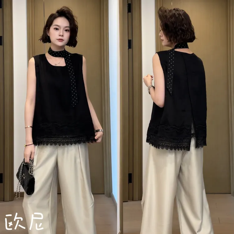 欧尼私服 2025夏高级感时尚拼接蕾丝流苏无袖衬衫上衣2505C2875