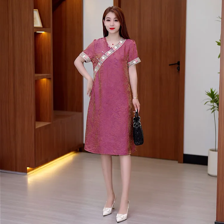 时尚国风中腰夏季斜襟套头休闲连衣裙长款夏装气质山系夏季衣服