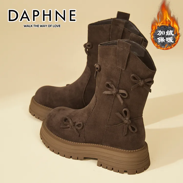 达芙妮蝴蝶结复古西部休闲短靴厚底堆堆靴冬季加绒休闲中筒骑士靴